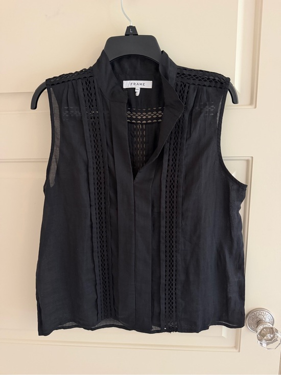 Frame Denim Tops - Frame Cali Ramie Lace Tank Blouse in Noir Black